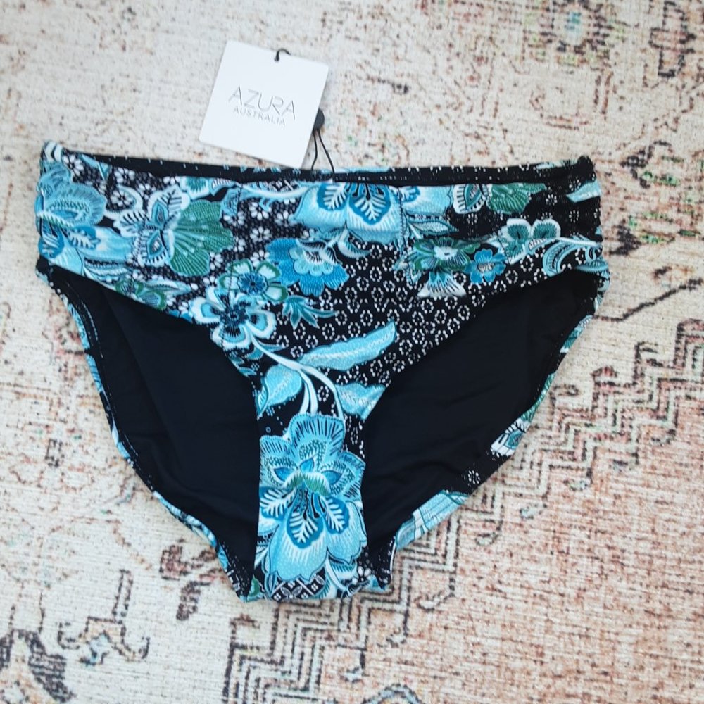 Bikini Village Azura New! Goa Ruched Midrise Blue Black Bikini Bottoms Sz 6/8